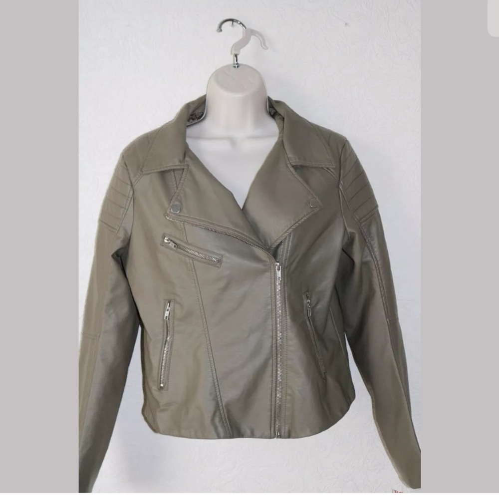 Shinestar Faux Leather Biker Jacket Olive Green